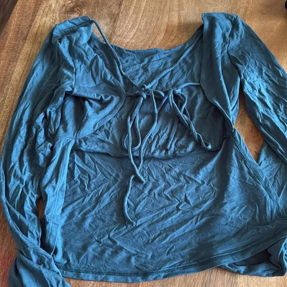 NWOT Free people intimately long sleeve crop open back tie TEAL size L